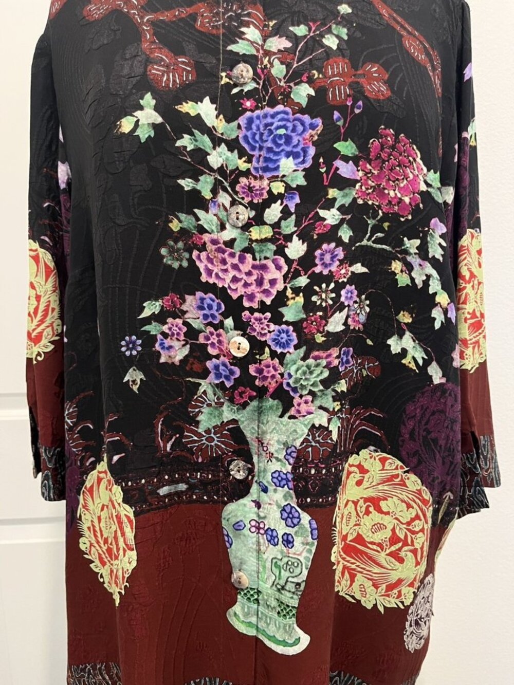 Citron Santa Monica 0X Silk Blend Blouse Chinoiserie Floral Mandarin Artsy Art - Picture 4 of 13